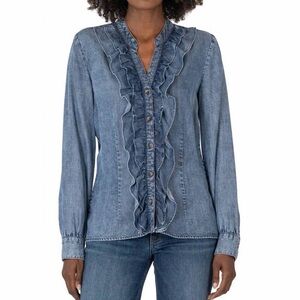 KUT From The Kloth Women’s Chambray Ruffle Button Down Blouse Size Large
